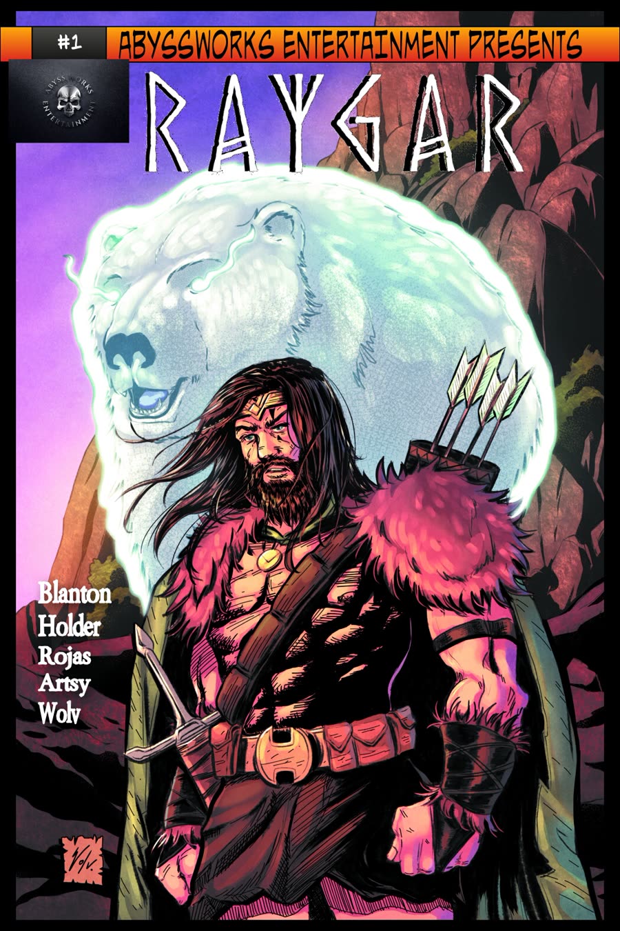 Raygar #1 cover: the warrior Raygar standing before a glowing spirit bear
